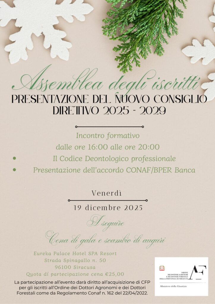Evento di fine anno ODAF Siracusa - 19 dicembre 2025 - Eureka Palace Hotel SPA Resort - start ore 16 - Cena e auguri ore 20:30